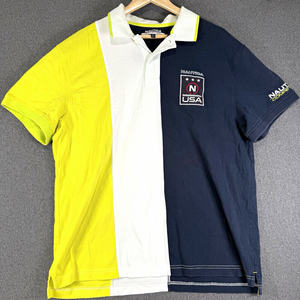 Nautica Competition Mens XL Polo Shirt Yellow Navy White Colorblock Logo